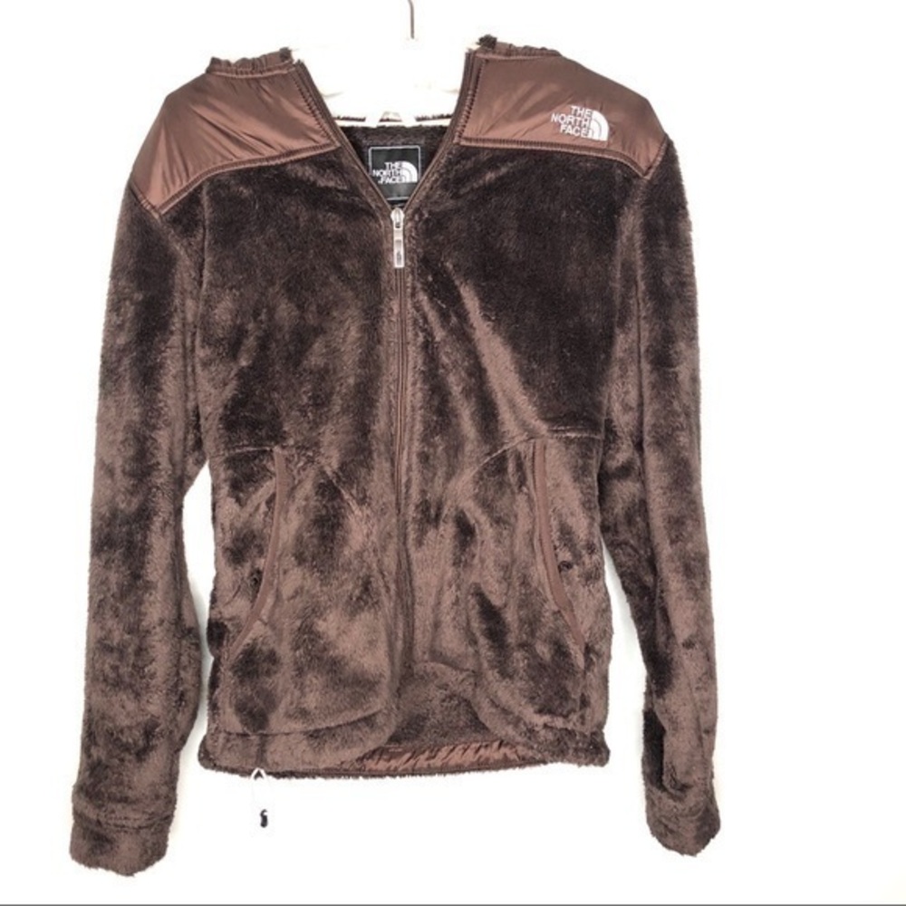 The North Face brown full zip up fuzzy hooded jacket pockets classic size small